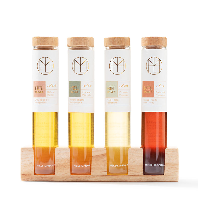 Ensemble de dégustation 4 miels et présentoir